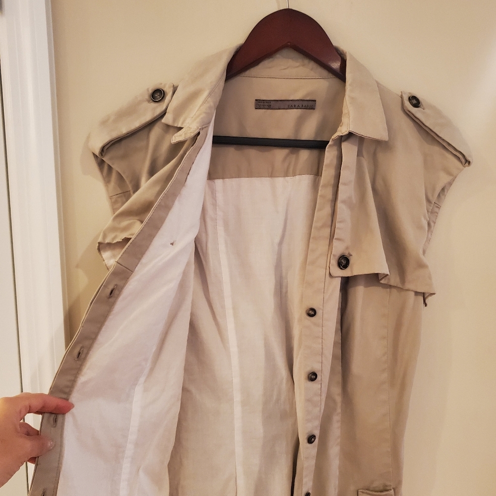 Zara Trench Coat Style Sleeveless Button Up Shirt Dress Khaki Size Large - Picture 10 of 14